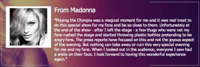 Réponse de Madonna sur son show à l'Olympia