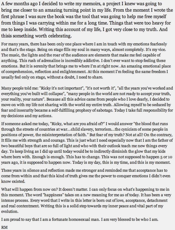 Lettre de coming out de Ricky Martin